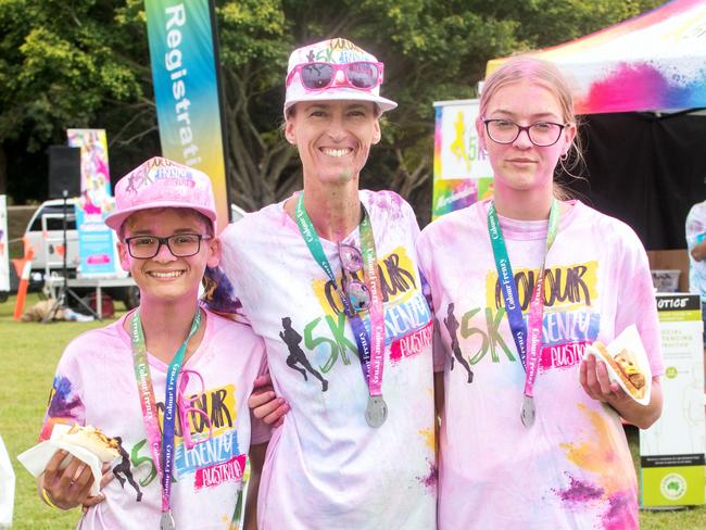 Ryan, Jackie and Roxi Dunne from Rural View at the Mackay Colour Run 2021. Picture: Michaela Harlow