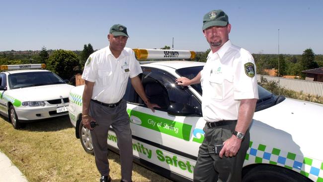 City of Stirling’s security officers Roland Farrer (left) and David White on patrol back in 2003. Picture: Kerris Berrington