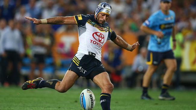 Cowboys legend Johnathan Thurston sunk the Broncos’ premiership hopes in 2015 to win the Grand Final with a field goal in extra-time. Picture: Mark Kolbe/Getty Images