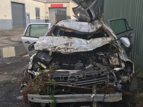 What was left of Ms Lang’s station wagon after the crash. Picture: supplied