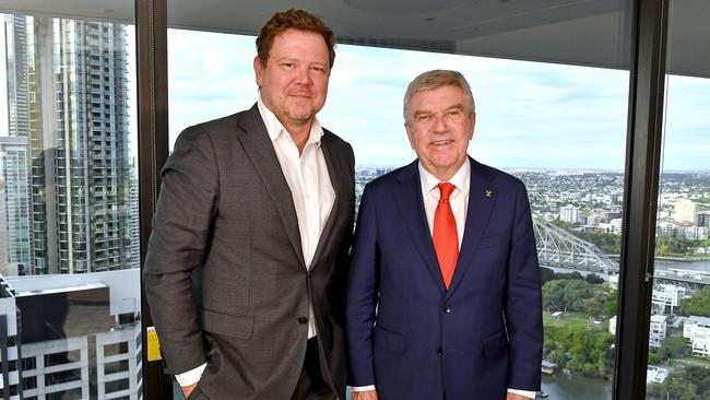 Courier-Mail Editor Chris Jones with Mr Bach. Picture: John Gass