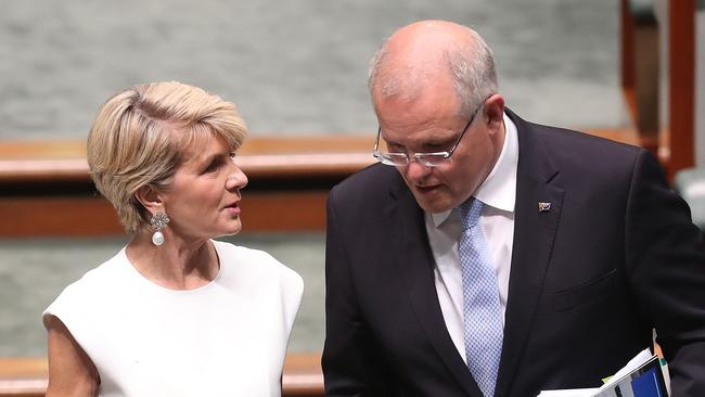 Julie Bishop and Scott Morrison in parliament in 2019. Picture: Kym Smith