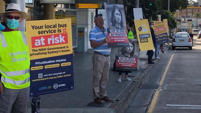 Anti-public bus privatisation demonstrators outside NSW Liberal MP for Wakehurst, Brad Hazzard's electorate office at Dee Why. Picture: Jim O'Rourke