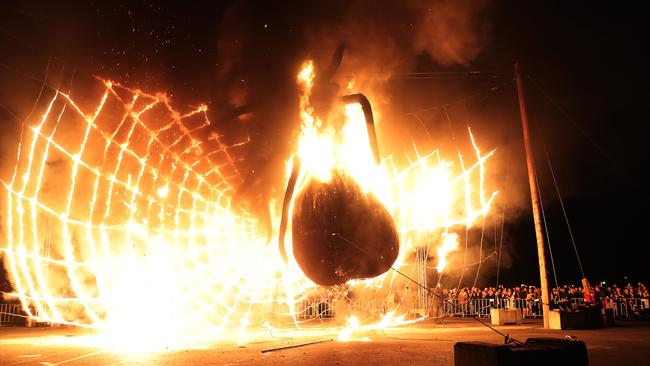 The spider-shaped Ogoh-Ogoh engulfed in flames during “The Burning” at Dark Park. Picture: LUKE BOWDEN