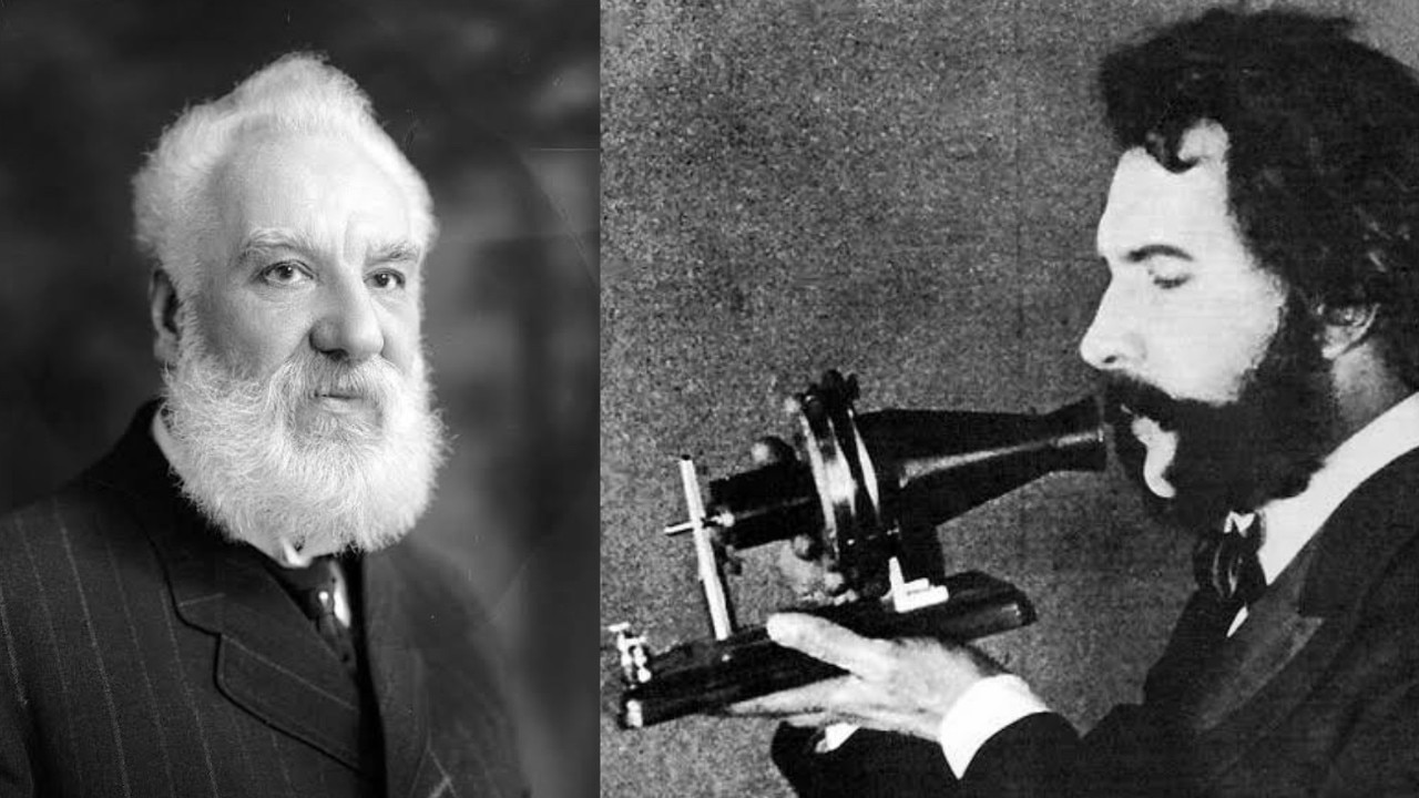 Telephone inventor Alexander Graham Bell, who visited Sutton in Ballarat, and an early telephone design.