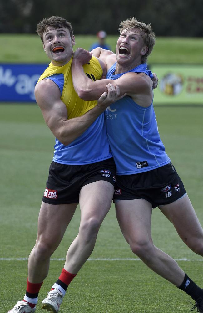 Harry Boyd (L) at St Kilda training. Picture: Andrew Henshaw