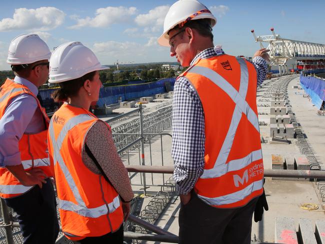 Premier Gladys Berejiklian and Transport Minister Andrew Constance with Rodd Staples, the program director of Sydney Metro. Picture: Adam Ward