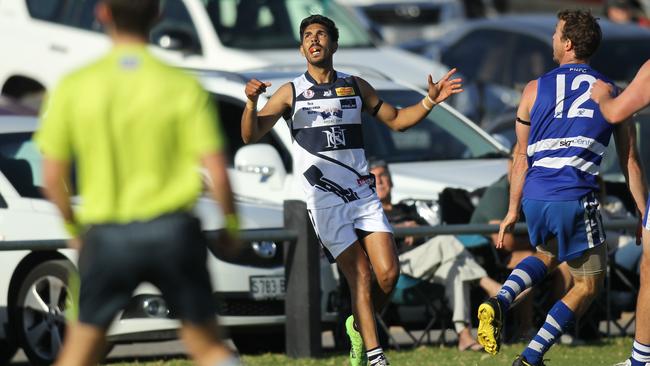 Noarlunga's Terry Milera waits on the outcome of a snapped shot at goal during his side’s clash with Port Noarlunga on Saturday. Milera finished the win with four majors. Picture: AAP/Dean Martin