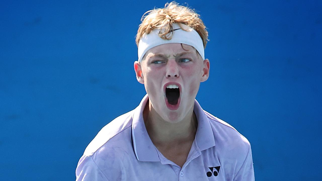 Cruz Hewitt playing on Court 10 at Melbourne Park. He is a wildcard in his first under 18 championship. Cruz Hewitt gives a trademark Hewitt, Come On, after winning a tight point. Picture: David Caird