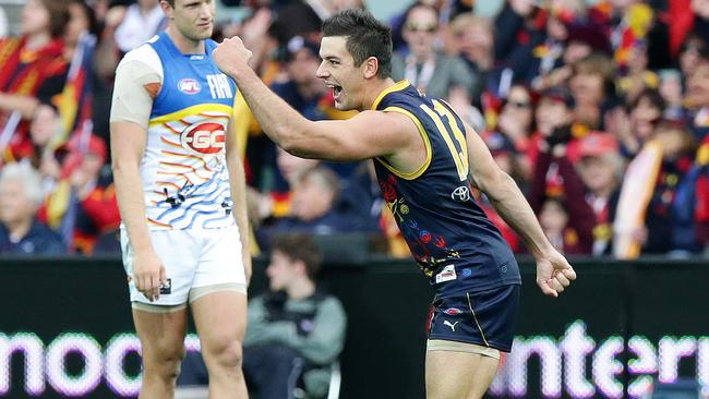 Taylor Walker celebrates another goal for Adelaide. Picture: Sarah Reed.