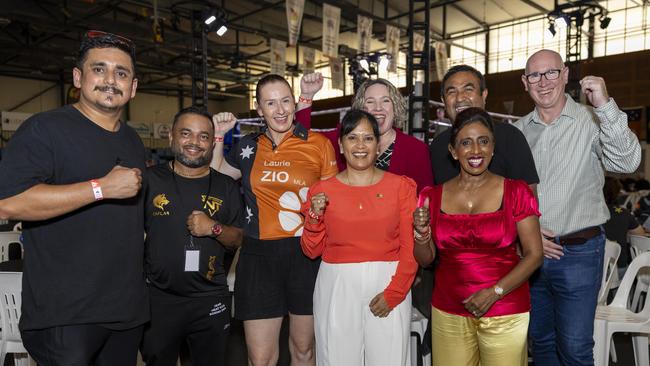 Sanzeev Gorkhali, Bibek Dhakal, Laurie Zio, OLY Carlson, Lisa Bayliss, Wayne Bayliss, Leonie Melder and Derrick Mayger at the NT Fight Series XI at Ventia Stadium. Picture: Pema Tamang Pakhrin