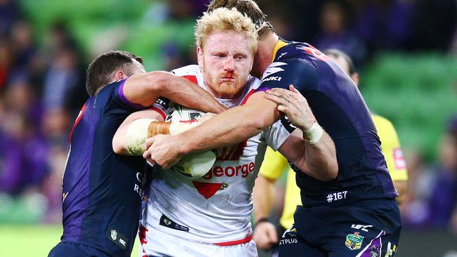 James Graham being tackled in 2018, during his time with the Dragons. Picture: Michael Dodge/Getty Images