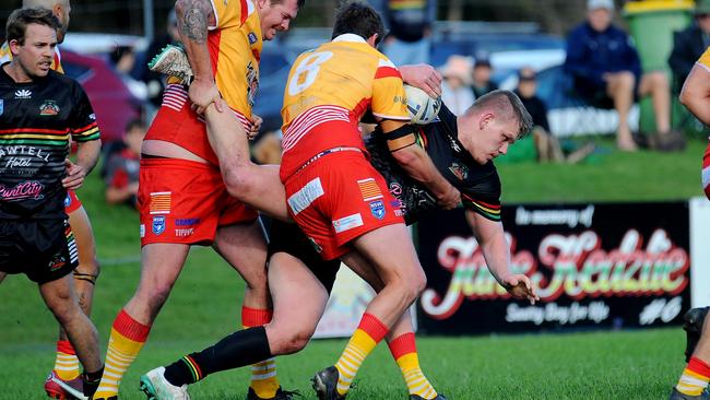 Sawtell prop Sam Johnstone taking a hit-up. Picture: Leigh Jensen