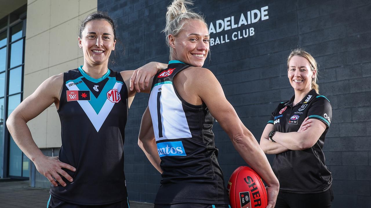 AFLW Port head coach Lauren Arnell with her Inaugural leaders, Captain Erin Phillips and Vice Captain Ange Foley. Picture: Sarah Reed / Getty Images