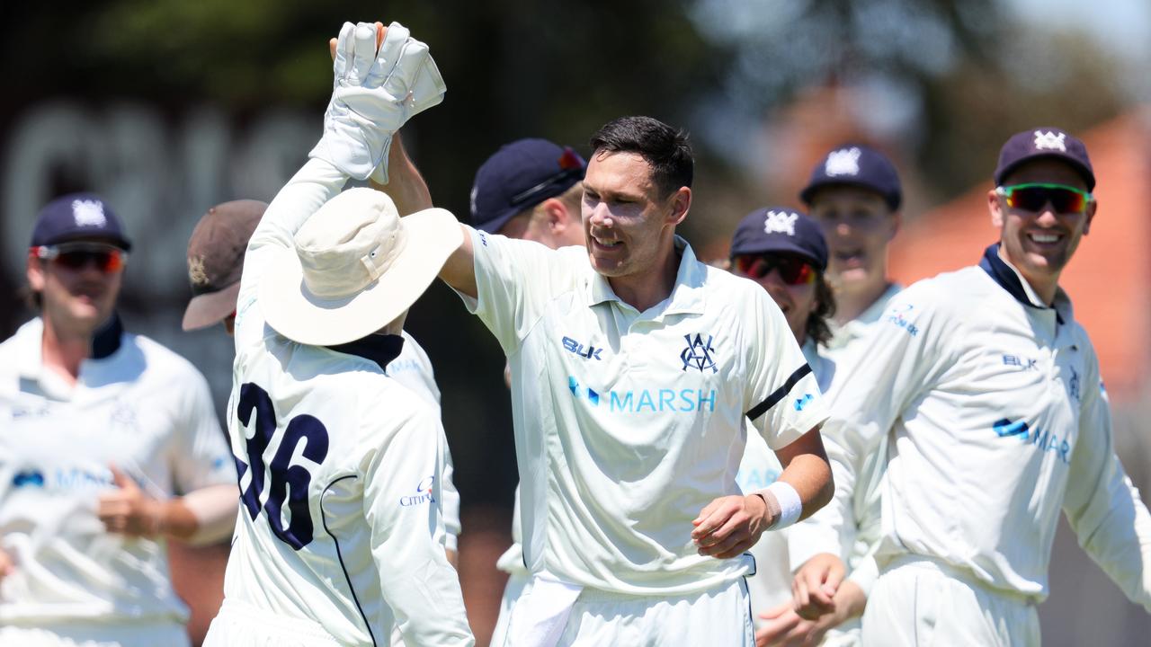 ADELAIDE, AUSTRALIA - NOVEMBER 01: Scott Boland of Victoria celebrates after taking a wicket during day three of the Sheffield Shield match between South Australia and Victoria at ACH Group Stadium on November 01, 2020 in Adelaide, Australia. (Photo by Daniel Kalisz/Getty Images)