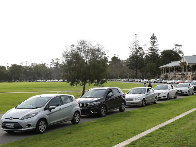 Cars lined up at Victoria Park, the queue snaking down Greenhill, Fullarton roads and Wakefield roads. Picture Sarah Reed.