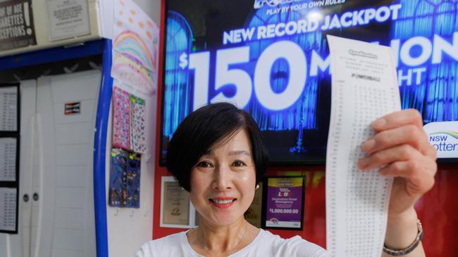 Lottery seller Vanessa Lee from Devonshire Street Newsagency in Sydney is expecting to sell plenty of tickets for Thursday’s jackpot draw. Picture: NCA NewsWire / David Swift