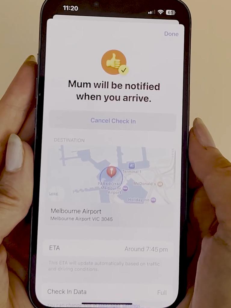 The Check In feature notifies a selected person once you have arrived at a destination – and if you haven’t. Picture: Telstra