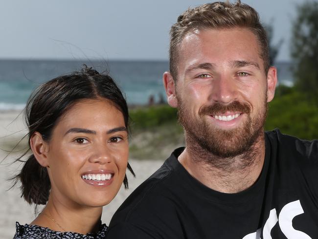 Bryce Cartwright with partner Shanelle Peeti and son Koa, enjoying life at Currumbin. Picture Glenn Hampson