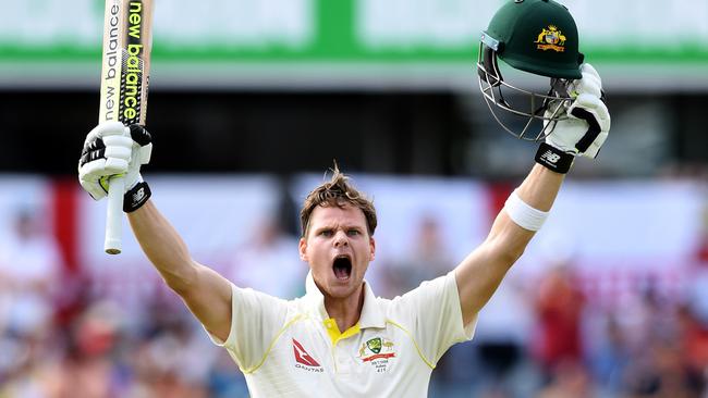 Australian captain Steve Smith reacts after scoring a double century on Day 3 of the Third Ashes Test match between Australia and England at the WACA. Pic: AAP