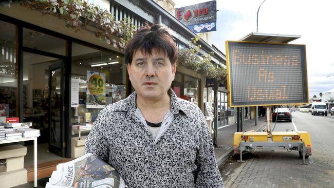 Joe Tsoleridis outside his Extra Newsagency, prior to the roadwork’s starting. Picture: Dean Martin