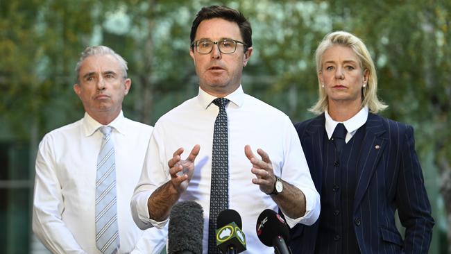 Leader of The Nationals, David Littleproud, Kevin Hogan and Bridget McKenzie hold a press conference at Parliament House in Canberra. Picture: NewsWire / Martin Ollman