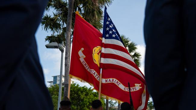 Flags carried by the United States ceremonial part. Picture: Pema Tamang Pakhrin