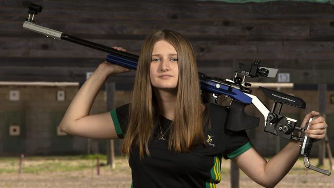 SA rifle shooter Katarina Kowplos is leading the race to represent Australia at the Tokyo Olympic Games. Picture: Emma Brasier