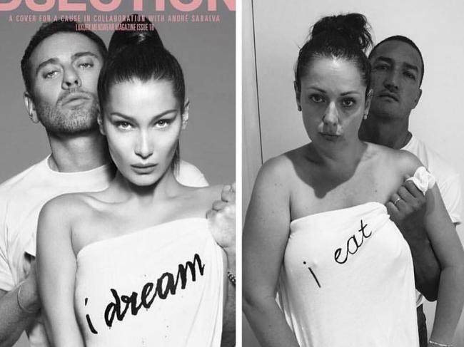 Celeste Barber and her husband Api Robin impersonate Bella Hadid and Mert Alas, "Stay focused you guys". Picture: Instagram