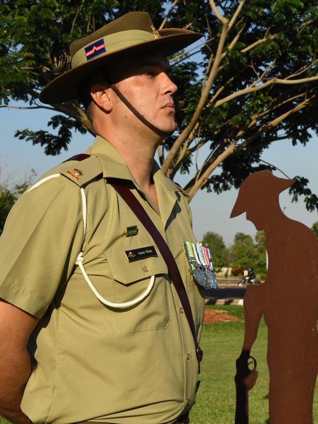 Major Adam White at Palmerston Memorial ahead of Anzac Day. Picture: (A) manda Parkinson