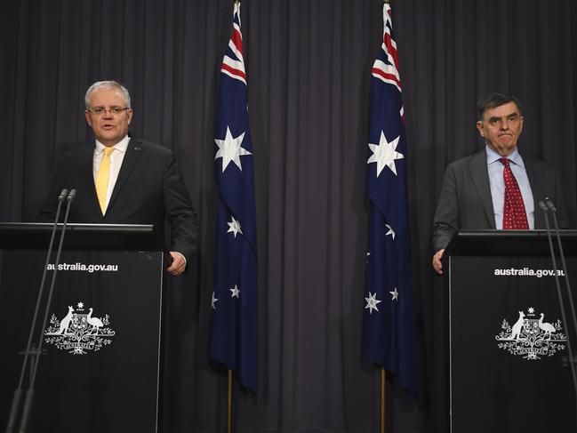 Prime Minister Scott Morrison and Australia's Chief Medical Officer Brendan Murphy. Picture: AAP