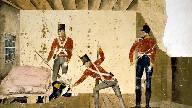 The arrest of Governor William Bligh by members of NSW Corps (Rum Regiment) in first Government House during the 1808 Rum Rebellion.