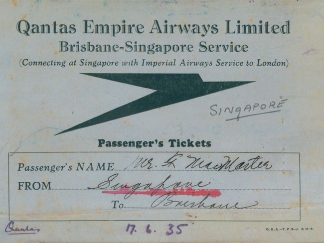 This ticket was issued to Qantas chairman and co-founder Fergus McMaster for travel from Singapore to Brisbane in June 1935.