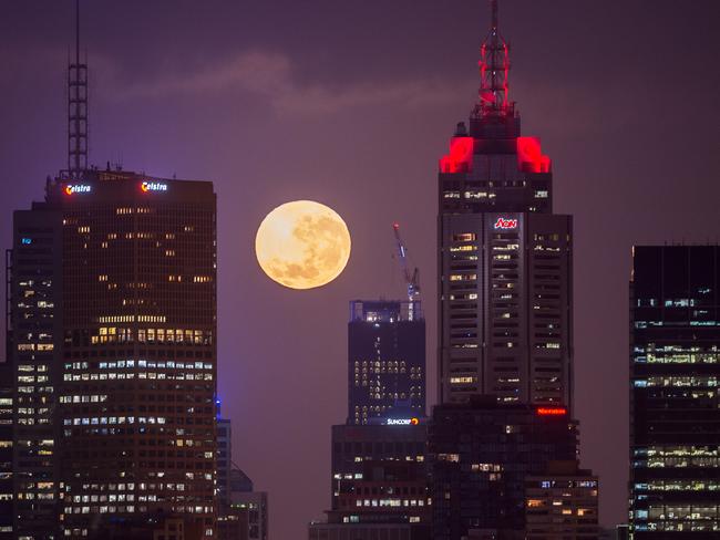 The moon sets behind Melbourne's CBD. We're for Victoria. 7am. Picture: Jake Nowakowski