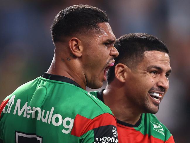 SYDNEY, AUSTRALIA - MARCH 07: Tyrone Munro of the Rabbitohs celebrates with CodyÃÂ Walker of the Rabbitohs after scoring a try during the round one NRL match between the Dolphins and South Sydney Rabbitohs at CommBank Stadium on March 07, 2025, in Sydney, Australia. (Photo by Jason McCawley/Getty Images)