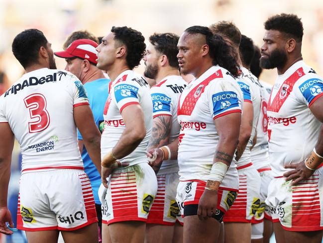 SYDNEY, AUSTRALIA - AUGUST 31:  Luciano Leilua of the Dragons looks dejected after an Eels try during the round 26 NRL match between Parramatta Eels and St George Illawarra Dragons at CommBank Stadium, on August 31, 2024, in Sydney, Australia. (Photo by Matt King/Getty Images)