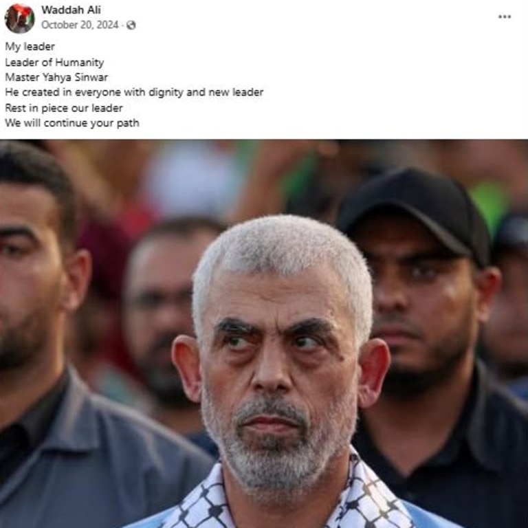 An October 20, 2024 Facebook post from Waddah Weld Ali in which he described late Hamas leader Yahya Sinwar as 