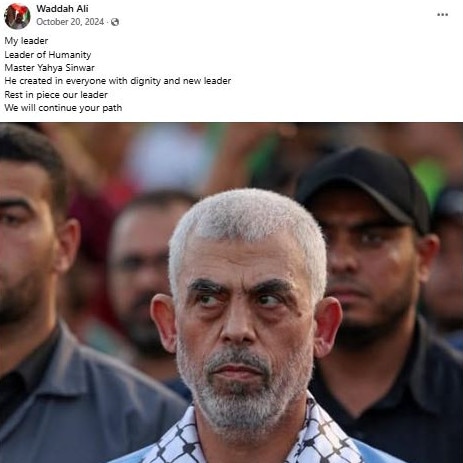 An October 20, 2024 Facebook post from Waddah Weld Ali in which he described late Hamas leader Yahya Sinwar as 