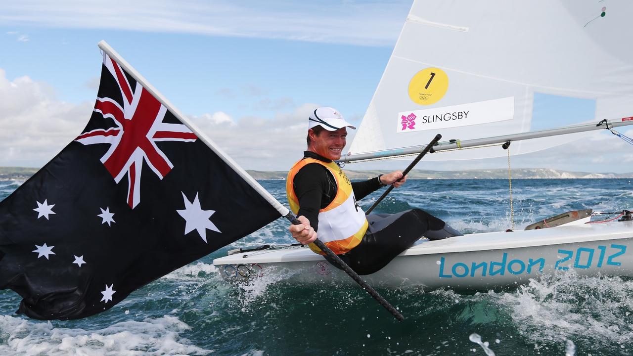 Tom Slingsby after winning his gold in the Laser at the 2012 London Olympics. Picture: Clive Mason/Getty Images)