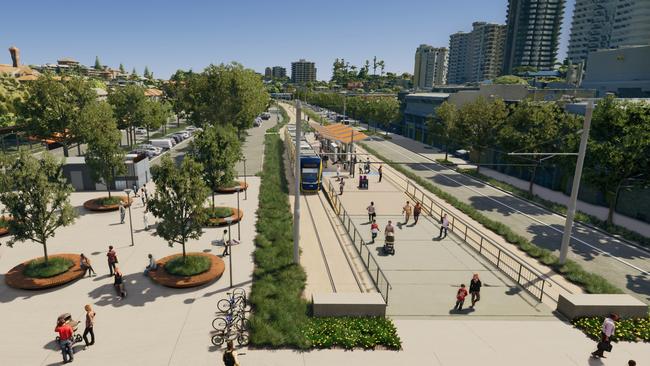 Artist impression of Gold Coast Light Rail Stage 4 between Tugun and Coolangatta, including Gold Coast Airport and the NSW border. Picture: Department of Transport and Main Roads.