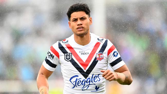 AUCKLAND, NEW ZEALAND - APRIL 30: Jaxson Paulo of the Roosters looks on during the round nine NRL match between New Zealand Warriors and Sydney Roosters at Mt Smart Stadium on April 30, 2023 in Auckland, New Zealand. (Photo by Hannah Peters/Getty Images)