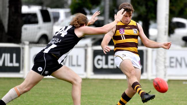 Aspley player Jackson Allen QAFL - Aspley v Sherwood Magpies in senior Australian football QAFL competition Saturday April 23, 2022. Picture, John Gass