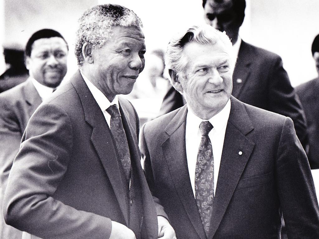Nelson Mandela with Bob Hawke at Parliament House, 1990.