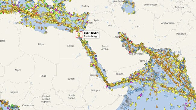 The Suez Canal is critical for world trade. Picture: Shippingtracker