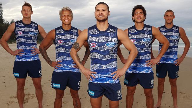 Nathan Kreuger, Quinton Narkle, Parfitt, Nakia Cockatoo and Blake Schlensog rocking the Cats’ indigenous guernsey earlier in the season. Picture: Michael Klein