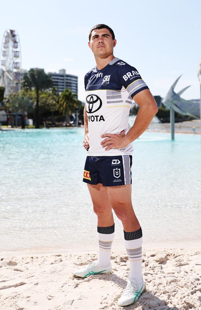 The North Queensland Cowboys have visited Cairns to launch their 30th anniversary jersey, which will be worn for the 2025 NRL season. North Queensland Cowboys player Jake Clifford launches the club's 30 year jersey at the Cairns Esplanade lagoon. Picture: Brendan Radke