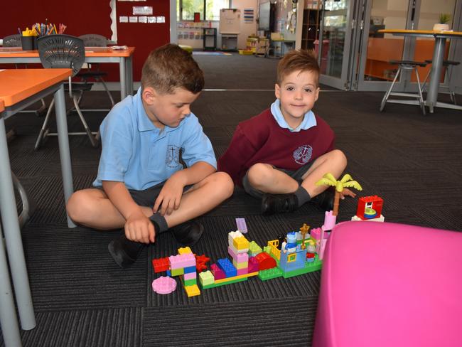 Preppies Sonny Sinclair and Jude Burt on their first day at St Gabriel's Primary School, Traralgon on January 30, 2025. Picture: Jack Colantuono