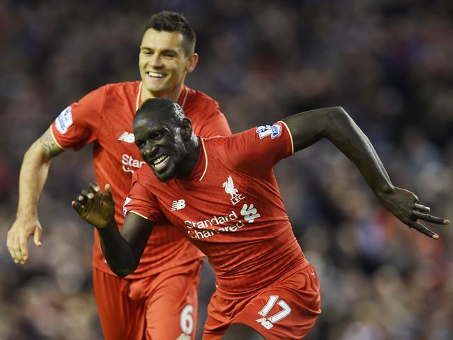 Mamadou Sakho (R) celebrates with Dejan Lovren after scoring against Everton.