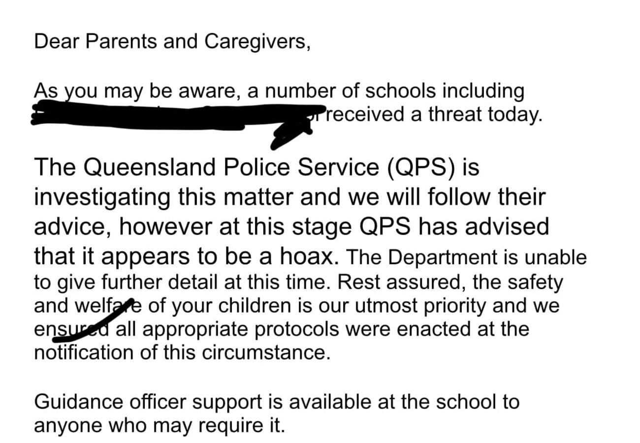 Email sent to SEQ parents. Picture – contributed.