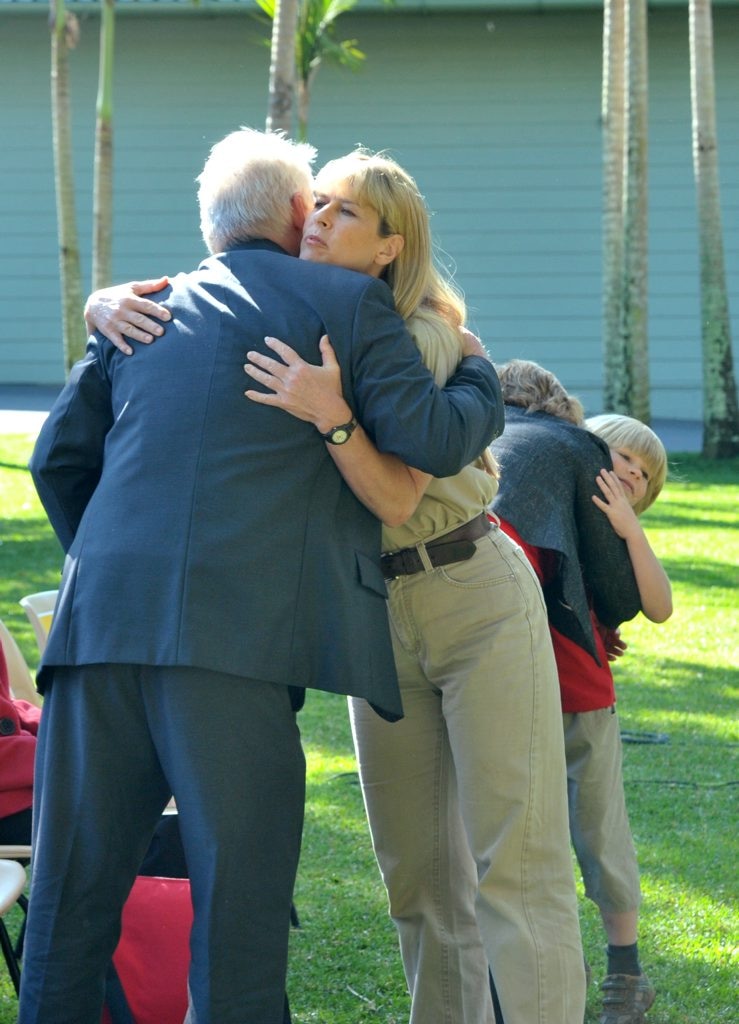 Re-launch of Daniel Morcombe Foundation DVD, Foundation Red, at Australia Zoo in 2010: Terri Irwin hugs Bruce Morcombe and Robert Irwin hugs Denise. . Picture: Brett Wortman
